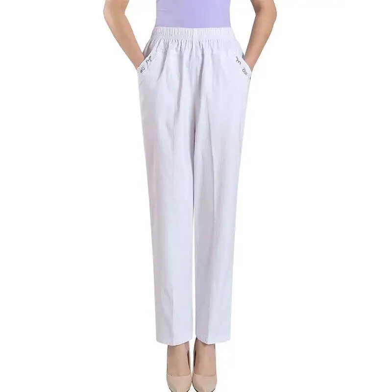 

Middle Aged Women Casual Straight Pants Female Loose Elegant 2025 Spring Summer Elastic Waist Solid Color Cropped Trousers