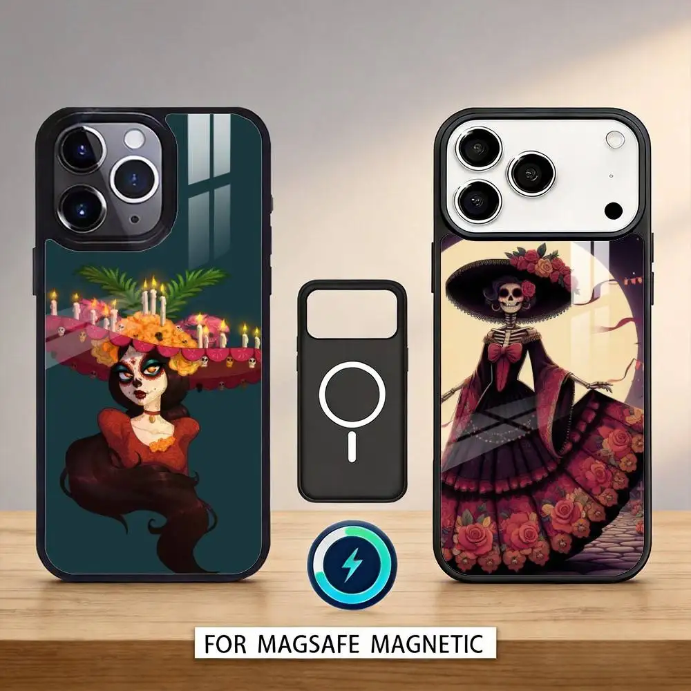 

D-Day of the Dead M-Mexican Catrina Skull Phone Case For iPhone17,16,15,14,13,12,Pro,Max,Magnetic For Magsafe Wireless Charging