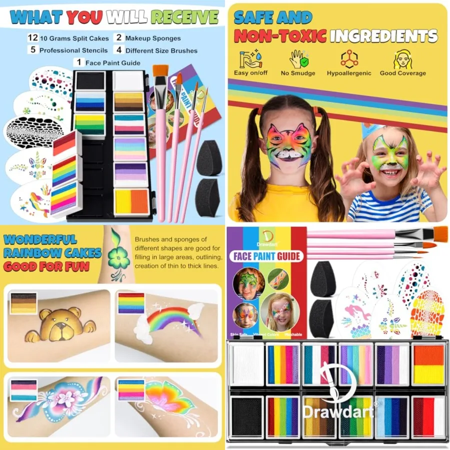 

Профессиональный набор для фейс-арта для взрослых: палитра красок для лица Split Cake, 12 цветов по 10 г, с трафаретами, нетоксичная, радужная, для рисования одним движением.