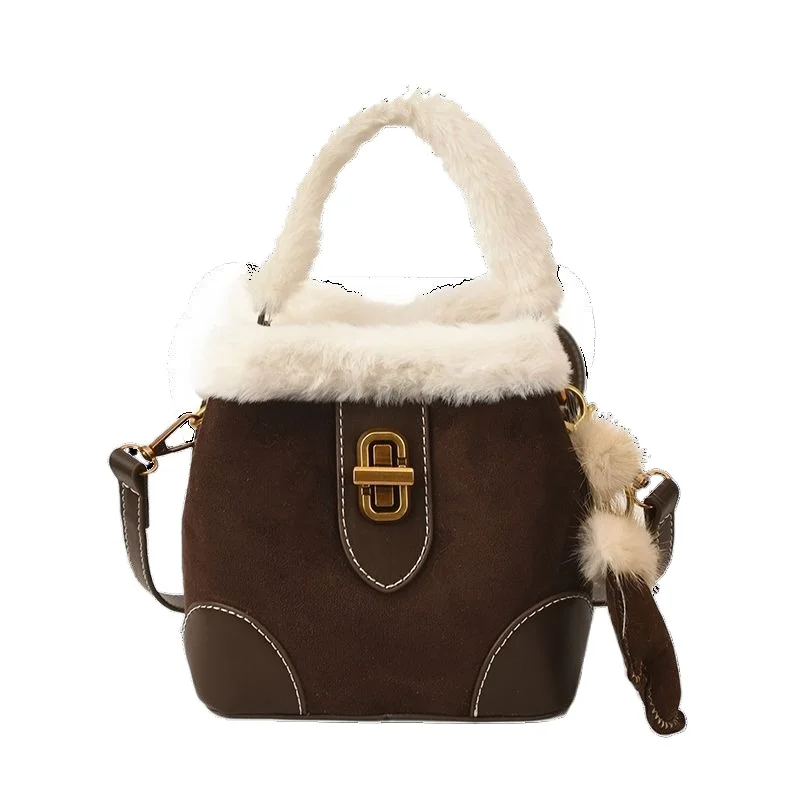 This Year's Popular Small Bag Women's Autumn and Winter 2026 New Matte Retro Temperament Messenger Bag Plush Portable Bucket Bag