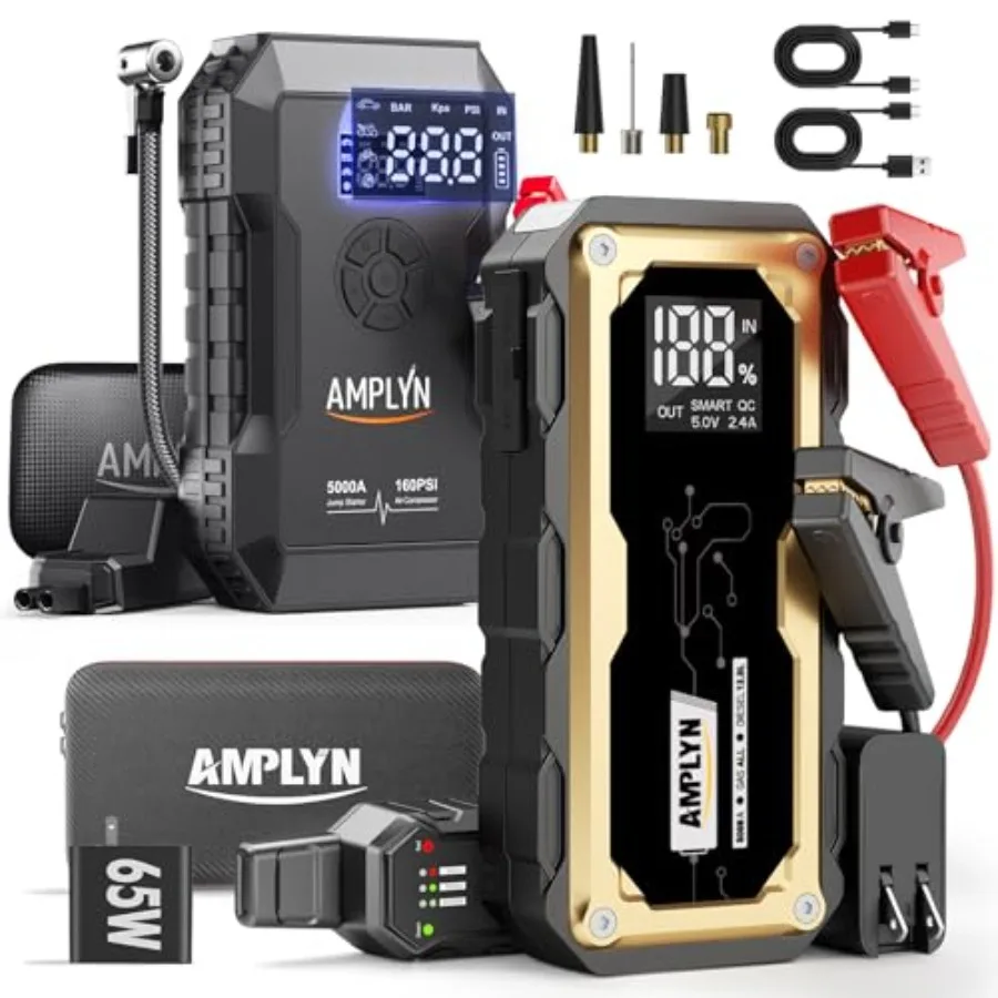 

Car Battery Jump Starter with Air Compressor for Gas/10L Diesel Vehicles 160PSI 5000A 60W Portable Jump Starter Battery Pack 12