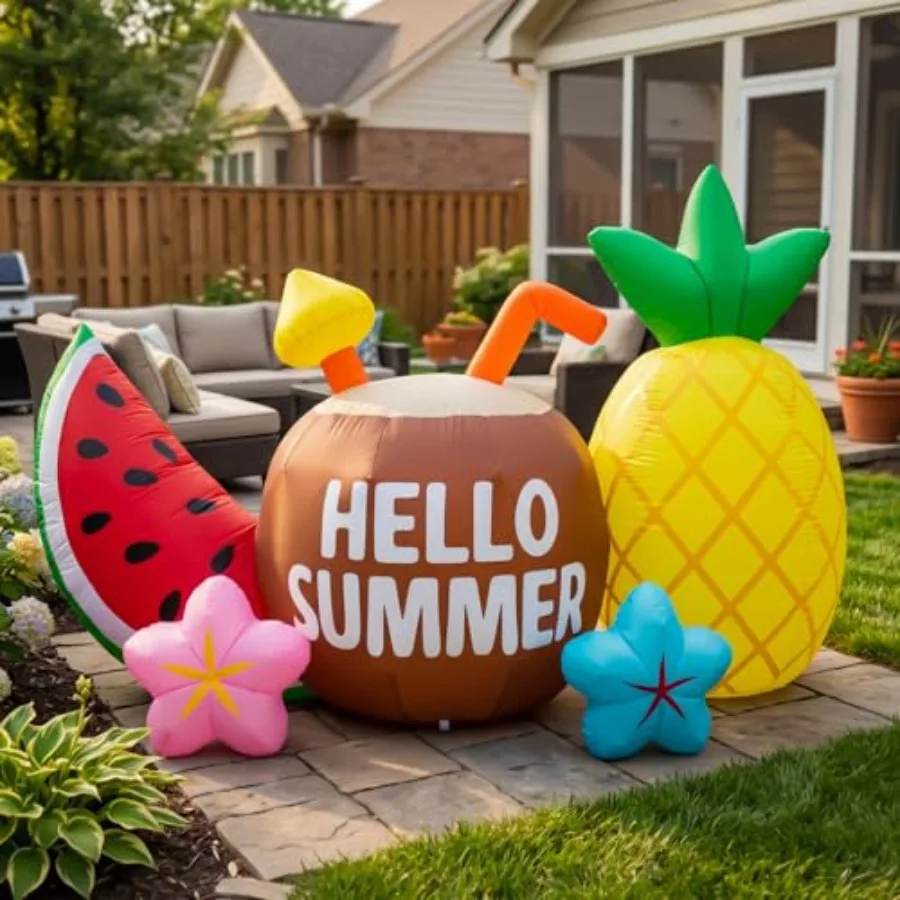 

7FT Long Hello Summer Inflatable Outdoor Decoration, Colorful Fruit Blow Up Display with Built-in LED Lights for Hawaiian Beach