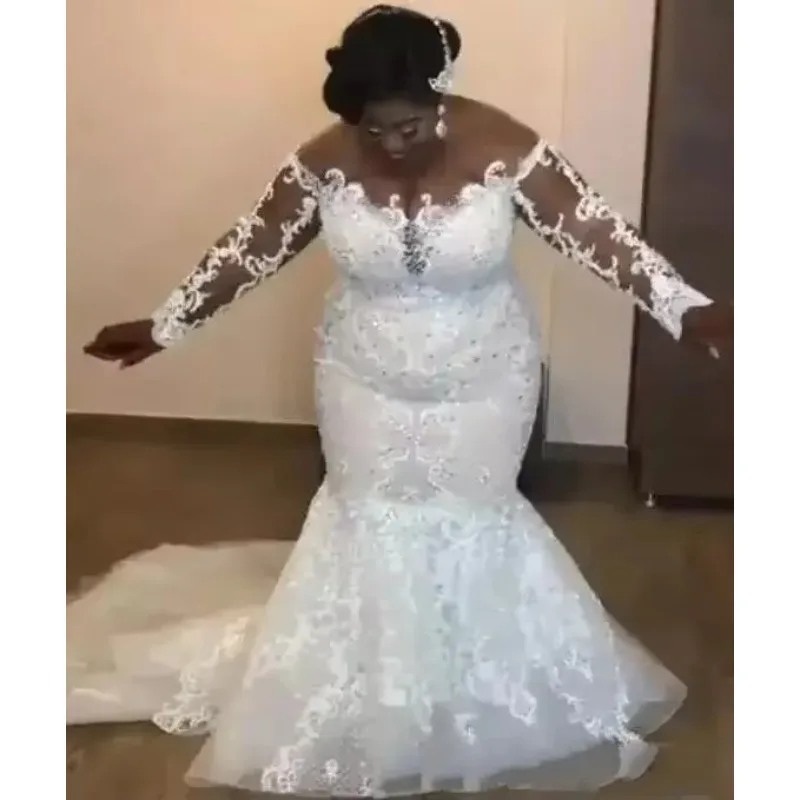 Suknie ślubne syreny plus size na zamówienie, z odkrytymi ramionami, przezroczystymi długimi rękawami, tiulowe suknie ślubne z trenem zamiatającym, vestidos ślubne