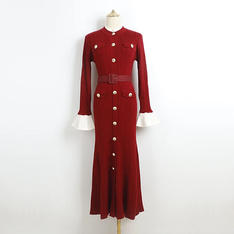 

High-Quality Elegant Knitted Dress – Stand Collar, Long Sleeves, Single-Breasted Buttons, and Belted Maxi Skirt