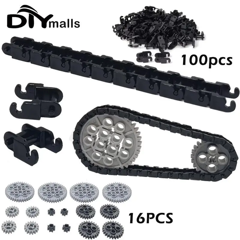 100pcs Technical Gear Set Link Chain Bricks Gears Set Parts 3711 14696 10928 94925 3648 3649 for MOC Building Blocks Train Toys