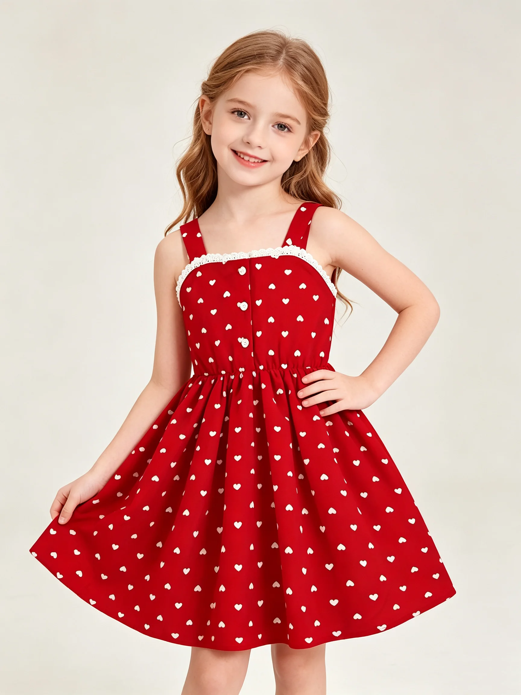 Girls Summer Fashion Casual Dress Love Pattern Breathable Sleeveless Square Neckline No Accessories Needed