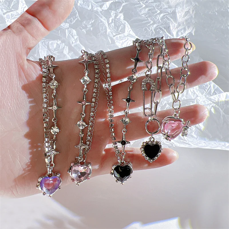 Fashion Peach Heart Water Drop Pendant Necklaces Pink Crystal Sweet Cool Egirl Clavicle Chain Aesthetic Jewelry Y2K Accessories