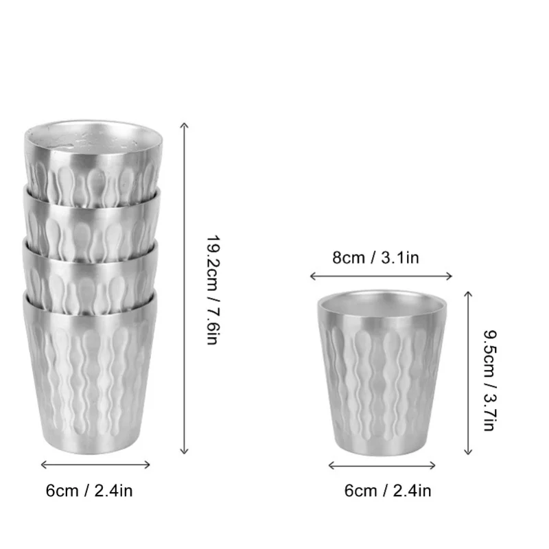4PCS 300ML Drinking Cups 304 Stainless Steel Double Layer Stackable Water Cup Outdoor Camping Mug Set