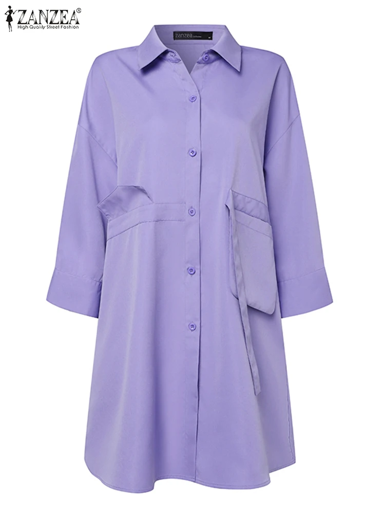 ZANZEA Women Chic Shirts Loose Casual Turn-down Collar 3/4 Sleeve Oversize Chemise Femme 2025 Spring Summer Solid Color Tops
