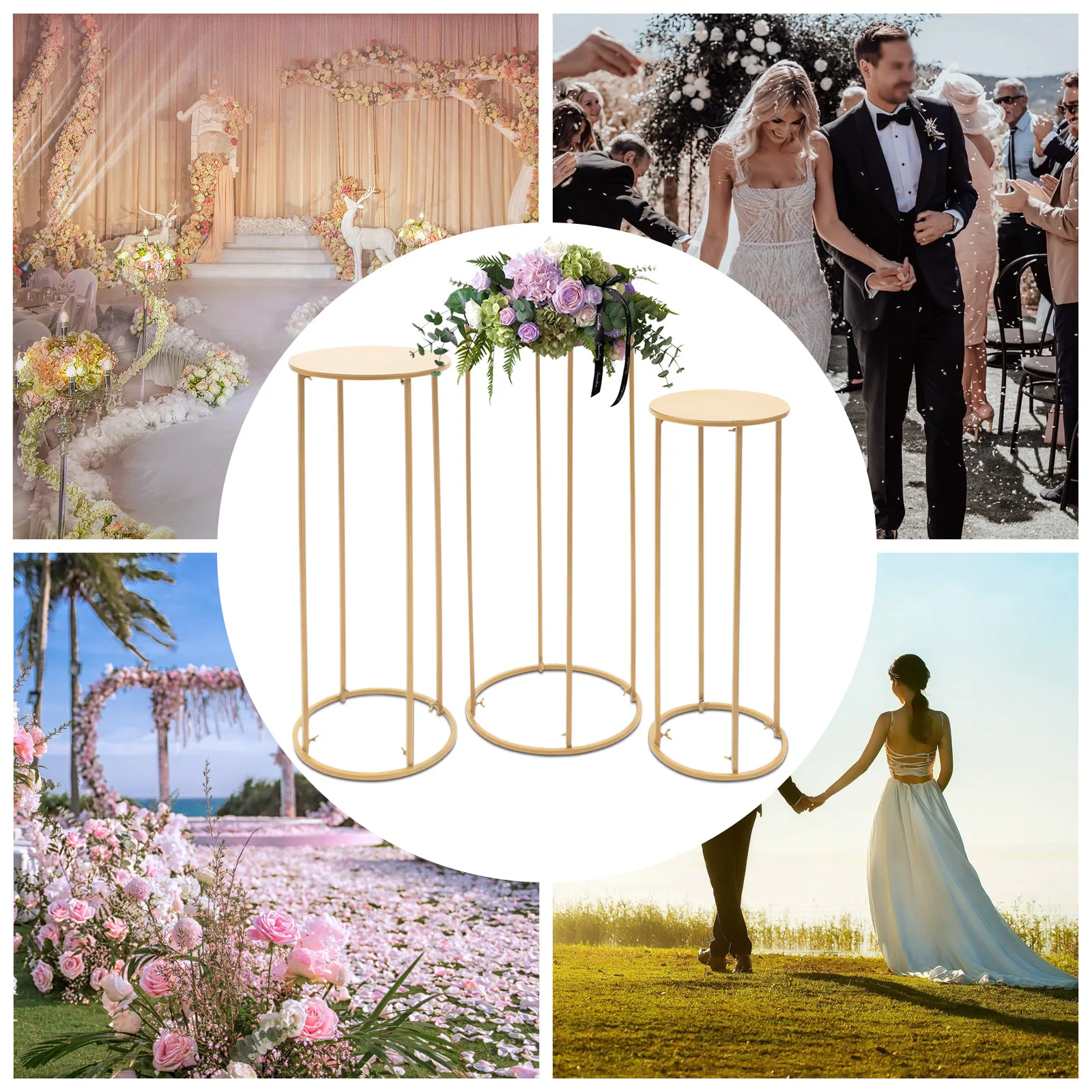 3Pcs Gold Flower Stands Metal Round Floor Vase Column Rack Wedding Centerpiece Prop Decor Display Holder for Wedding Party