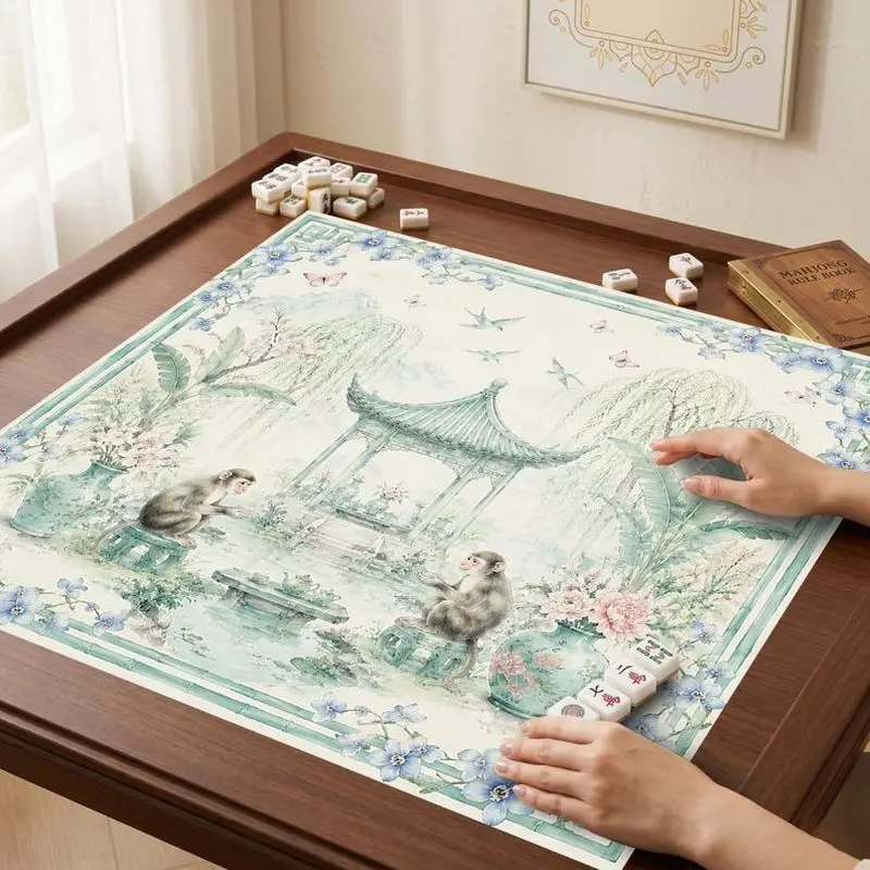 VIKAMA New Chinese Pavilion Monkey Landscape Mahjong Mat Non Slip Shock Absorb Soft Pad Washable Oriental Table