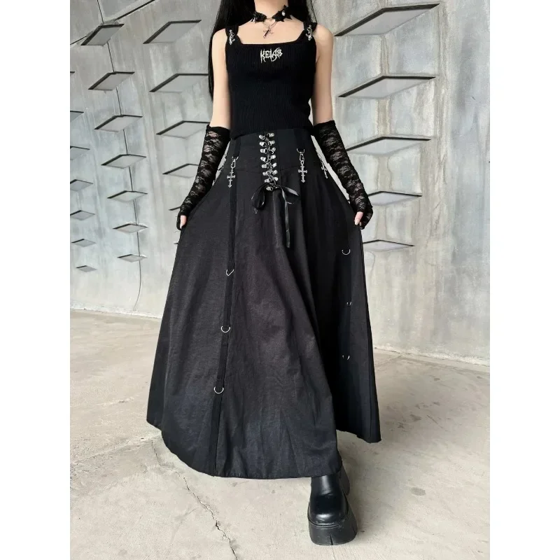 Punk Sexy Girl Cross Pendant Black Long Skirt Goth 2024 Spring and Autumn New Subcultural Girls Mid-length Skirt  Faldas Largas