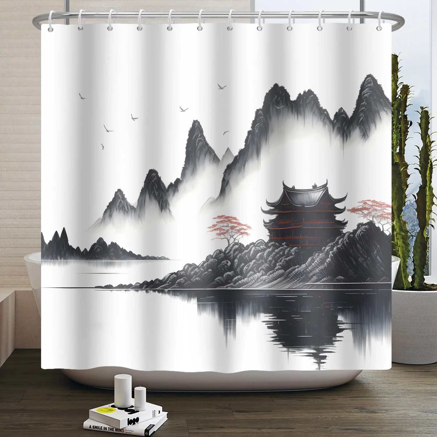 Japanese-style Sun Plum Blossom Shower Curtain Sunrise Landscape Tower Fabric Waterproof Polyester Shower Curtain Hooks Bathroom