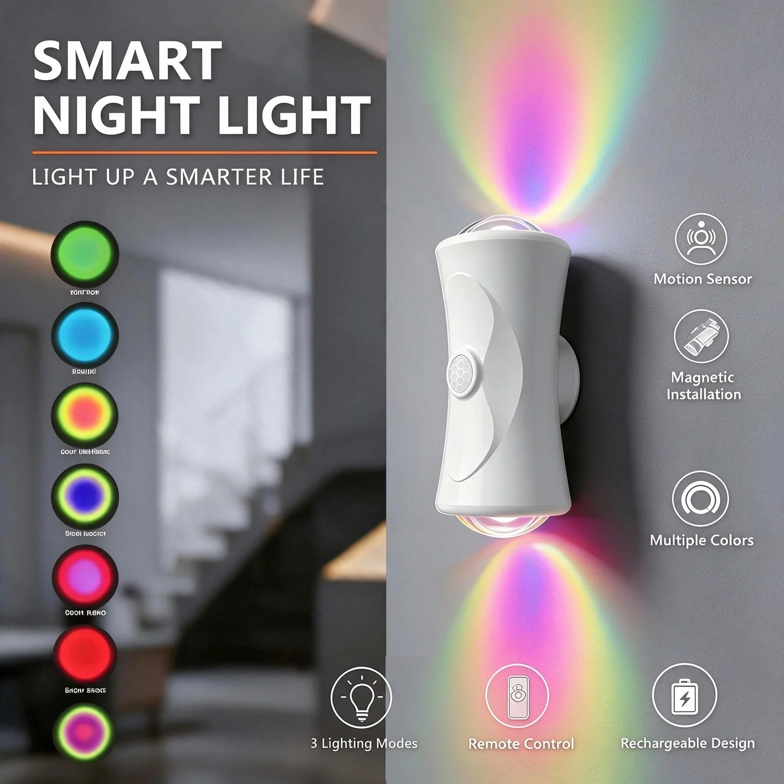 RGB Motion Sensor Wall Light, Rechargeable Magnetic LED Wall Lamp, 7 Colors Dimmable with Remote for Bedroom Hallway Stairway
