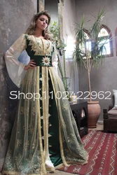 Hunter Green Caftan Marocain Prom Occasion Dresses Long Sleeve Muslim Takchita Lace Applique Beaded Evening Gown Outfit