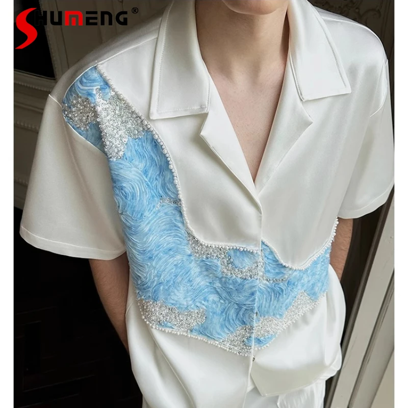 

Men's 2025 Summer New Niche Design Beaded Sequined High-end Shirts Loose Comfort Short-sleeve Shirts Men's Fashion Satin Tops
