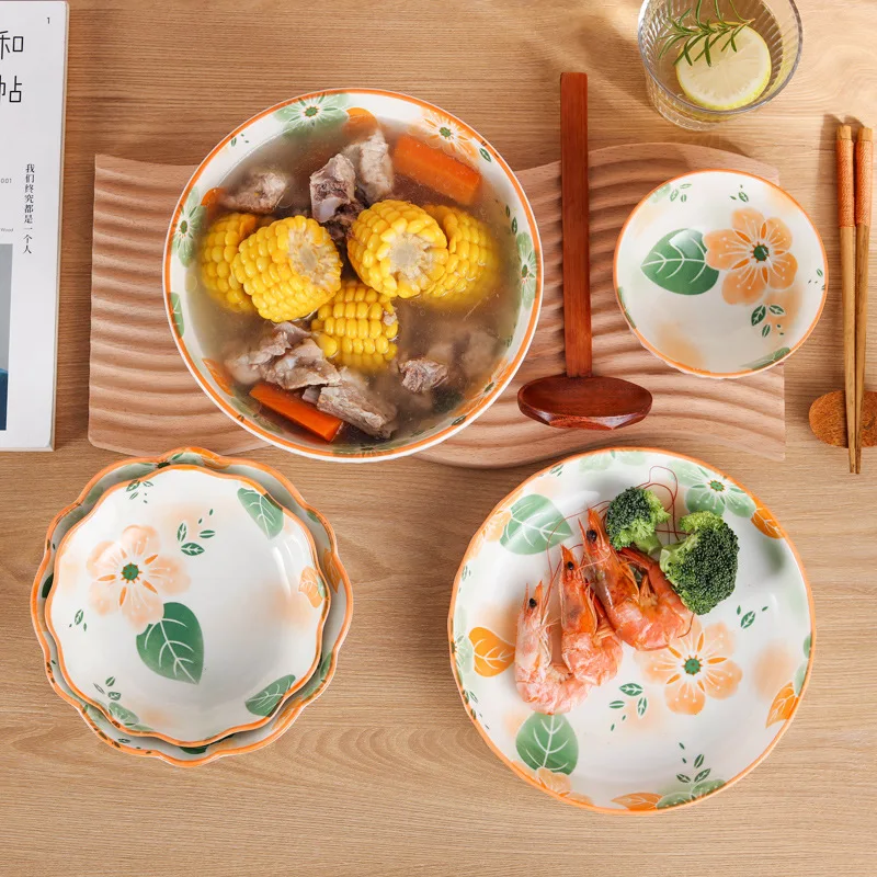 Autumn Series Orange Floral Print Ceramic Tableware Underglaze Colored Dish Cute Baby Japanese Style Bowl Plate Spoon Container