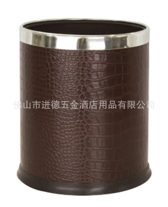 Special offer: Leather texture single-layer guest room bucket, hotel trash bin, double-layer black lacquered bucket, stainless s