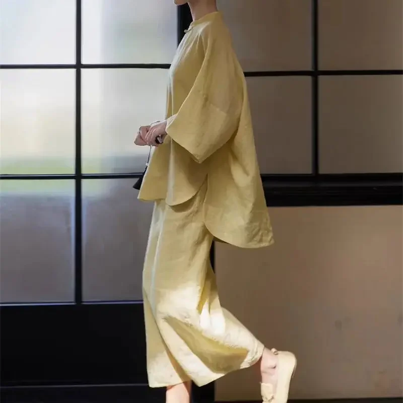 ฤดูร้อนใหม่ 2 ชิ้นชุดผู้หญิงสไตล์จีนสบายๆหลวมไม่สมมาตร Hem เสื้อและกระโปรงยาวแยกชุดกระโปรงนุ่มชุด