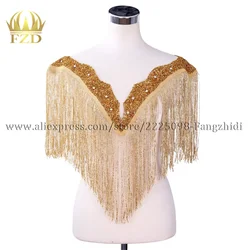 FZD 1 Piece Front&back Gold Tassel Stripes Clothes Patches for Wedding Dresses DIY Fringe Decorative Clothing Trimming Patch