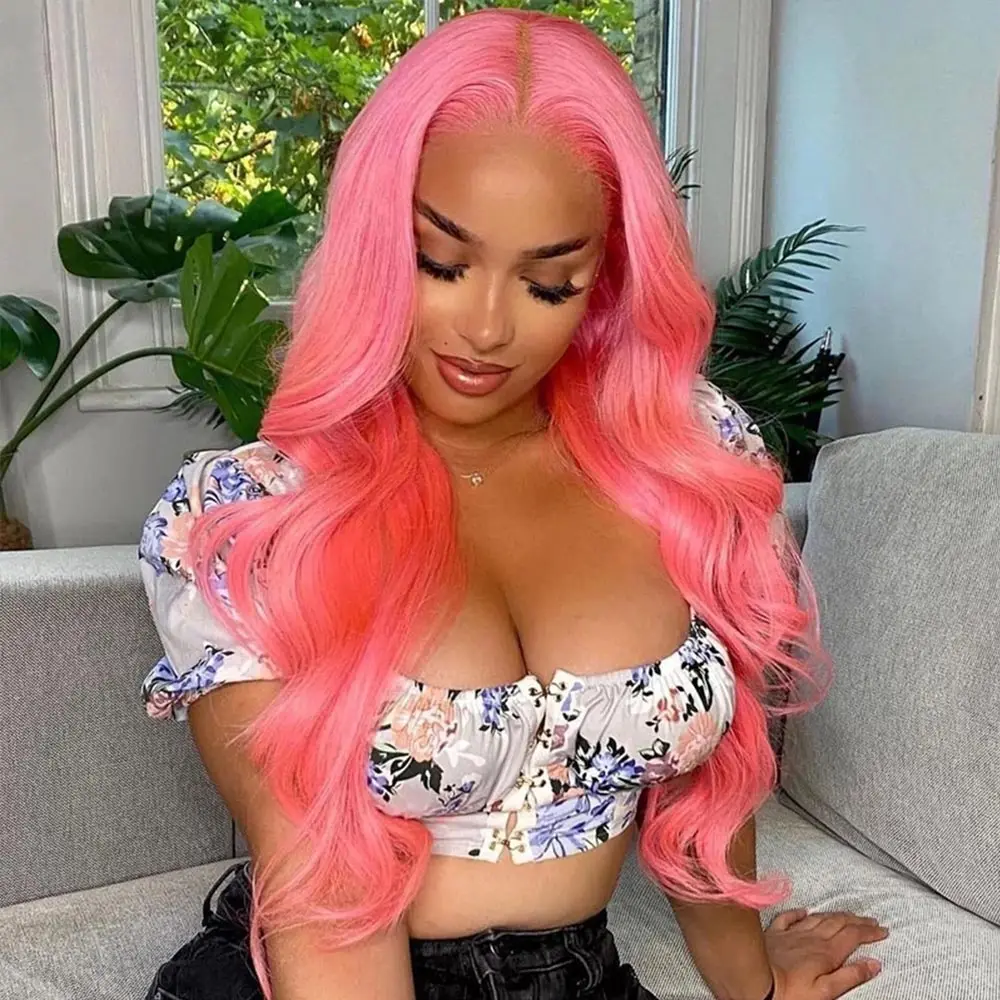 

Pink Body Wave Lace Front Wig Human Hair 13x4 HD Lace Frontal Human Hair Wigs 180 Density Transparent Brazilian Hair Colored Wig