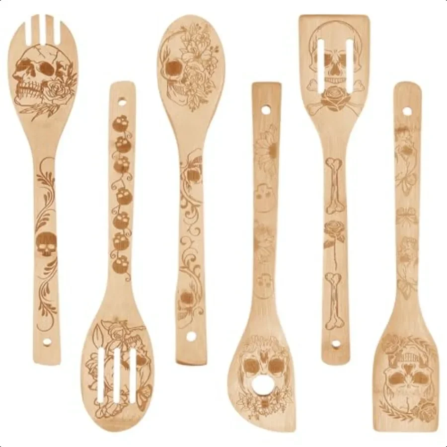 

6Pcs Skeleton Bamboo Cooking Utensils Wooden Engraved Cooking Spoons Set Carving Kitchen Bamboo Spatula Set for Women and Men W
