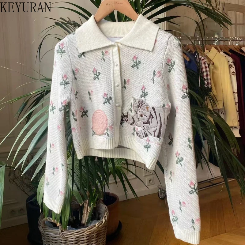 

Женский шикарный жаккардовый вязаный укороченный кардиган с цветочным котом, осень-зима, винтажный свитер с воротником-стойкой, куртка, пальто, трикотаж, топы