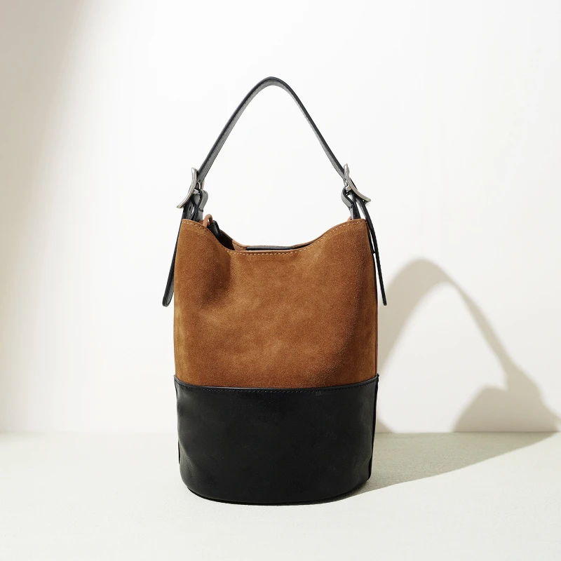 

Women Suede Bucket Crossbody Bag Genuine Leather Shoulder Bag Small Women's Commuting Bags Retro Trendy Hit Color Tote Handbags