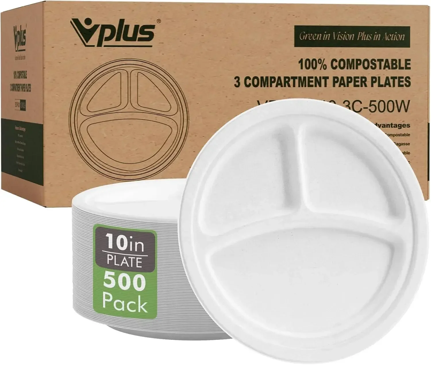 

500 Pack 10 Inch 3 Compartment Compostable Paper Plates Heavy Duty Biodegradable Sugar Cane Fiber Disposable Plates For Daily Me