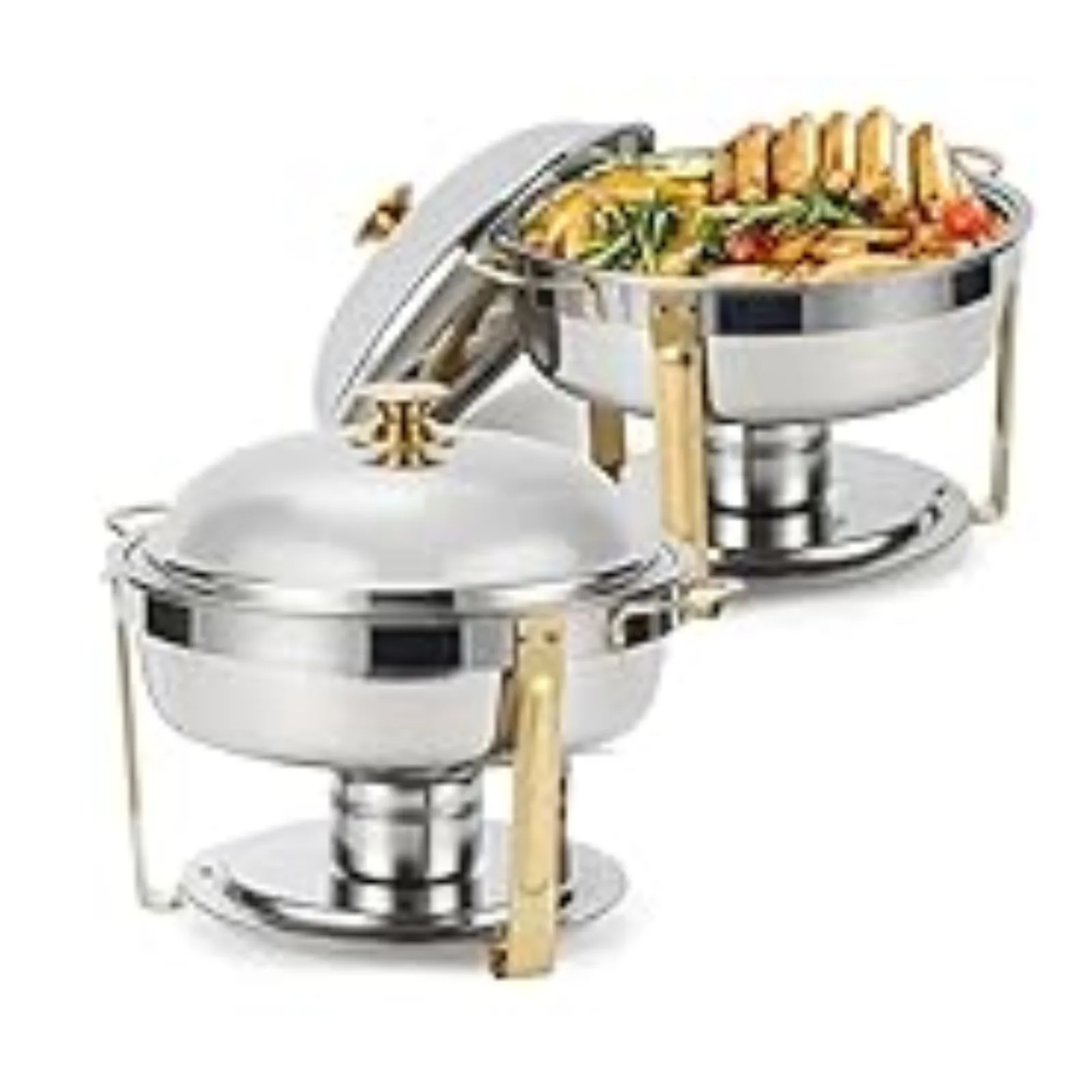 5QT 2/4 Pack Gold Round Chafing Dish Food Warmer Set with Stainless Steel Lid Fuel Can Home Party Hotel Buffet Gas Fuel Food Pan