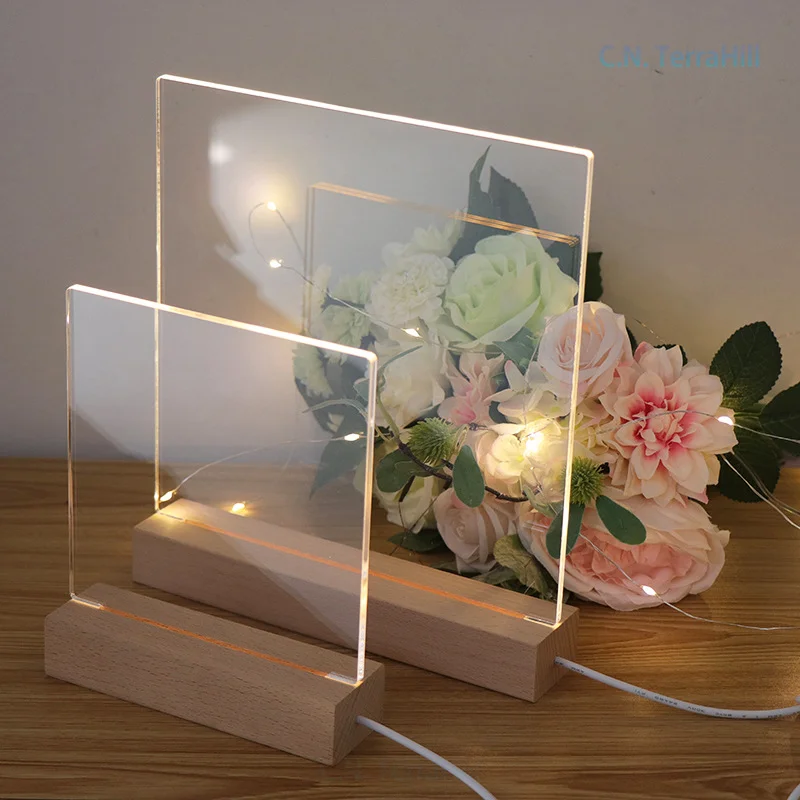 3D Transparent Acrylic Night Light with Beech Wood LED Blank Board Unengraved Creative Gift Ambient Lamp