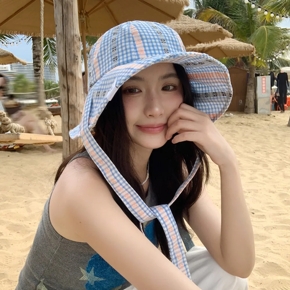 

Fashion Quick-dry Seaside Fisherman Hat UV Protection Sunscreen Strappy Sun Hat Big Brim Sweet Plaid Bucket Cap Hiking