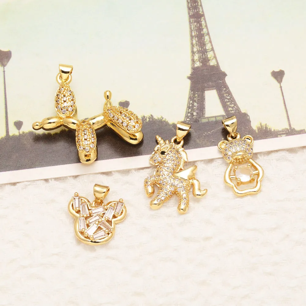 OCESRIO Trendy White Crystal Cute Bear Pendant for Necklace Copper Gold Plated Puppy Unicorn Jewelry Making Component pdta105