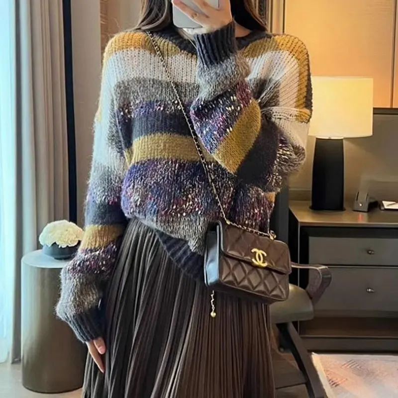 Stylish Casual Color Striped Jumpers Patchwork Women\'s Clothing Korean Loose Round Neck Autumn Winter Commute Knitted Sweaters