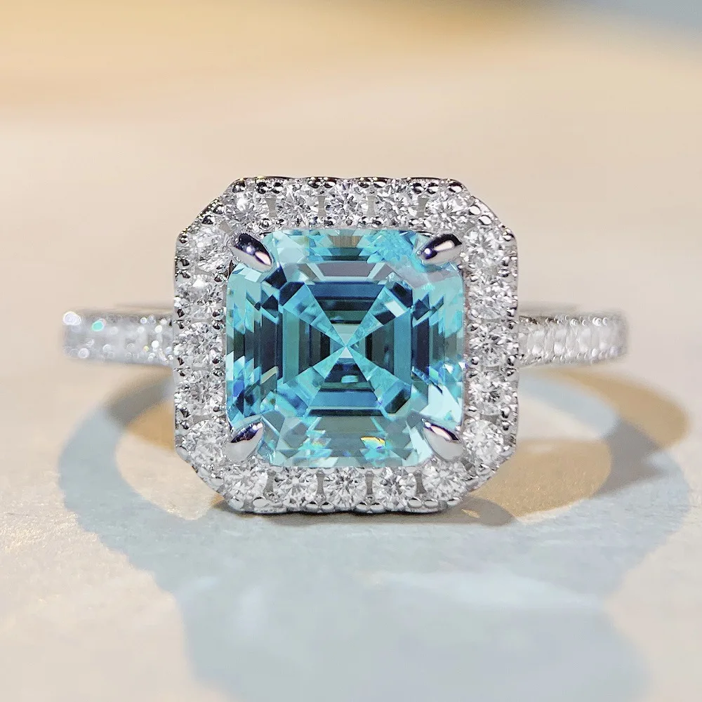 

S925 Pure Silver Square Full Diamond Ring Women's Sea Blue Treasure High Carbon Diamond Zircon Pagoda Cutting Ring
