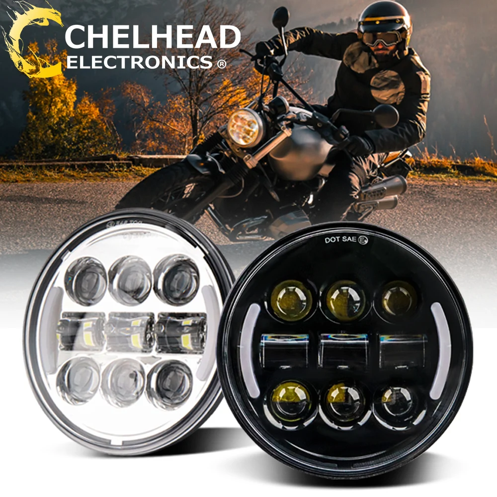 Motorcycle 5.75'' Led Headlight with DRL Halo Turn Signal Fog Driving Moto Lights High Low Beam 60W for Softail Sportster Dyna