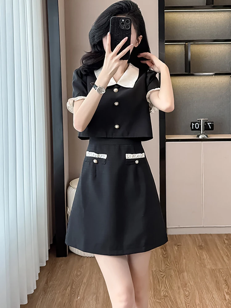 2025 黒パッチワーク偽ツーピースミニドレス女性韓国ヴィンテージヘップバーンウエディング服夏エレガントカジュアルオフィスレディドレス
