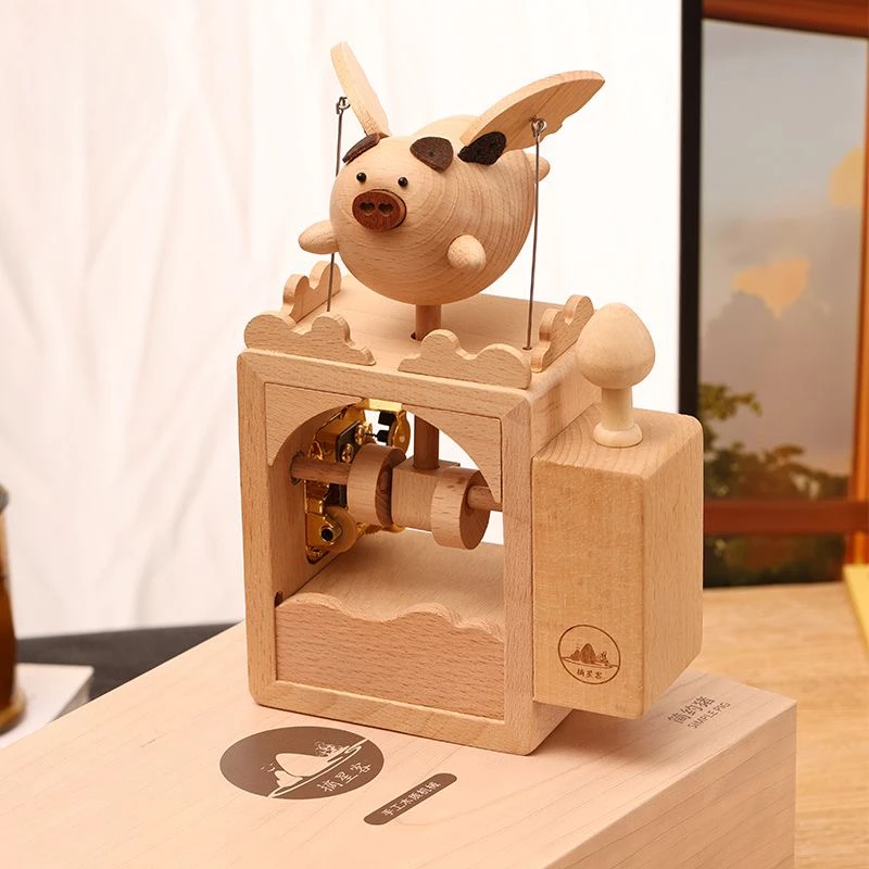 

cute little flying pig music box electric wooden handmade high-end music box sky city birthday healing gift