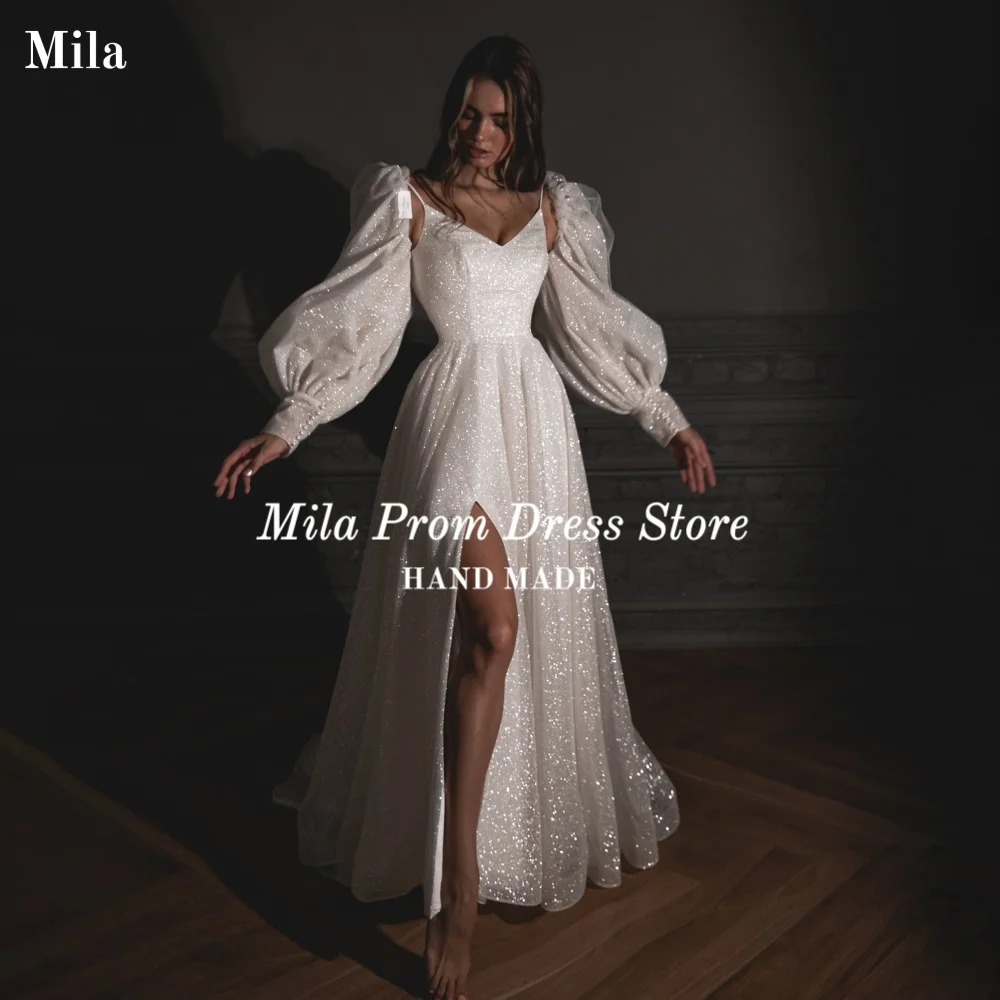 

Mila Customized Giltter V Neck Wedding Dress Sexy Slit Long Wedding Gowns A Line Formal Evening robe de mariée 2026