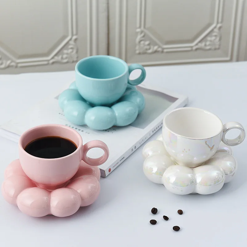 

2PCS Nordic Ins Wind Sun Flower Ceramic Coffee Cup Macaron Color Small Fresh Afternoon Tea Cup and Saucer Coffee Milk Mug Gift