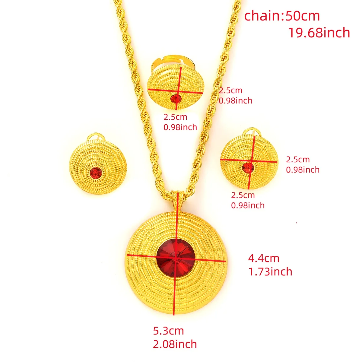 Gold Color Round Red Zirconia Jewelry Set Middle East Dubai Pendant Necklace Ring Earring Arab Ethiopian Bride Wedding party