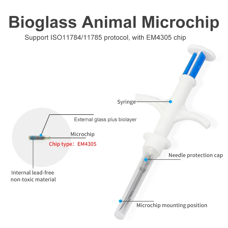 Microchip de identificación de mascotas, jeringa RFID de 2,12x12mm, 134,2 KHz, FDX-B EM4305, Chip de seguimiento para gatos y perros, 1 ud.