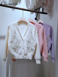 Heavy Beaded Sequins Imitation Mink V-Neck Short Sweater Coat Women's Long Sleeve Autumn New Sweet Girls Knitted Cardigan