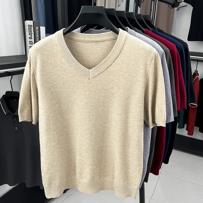 Herren Einfarbige V-Ausschnitt Kurzarm Strick-T-Shirts Klassische Lässige Oberteile Weiche Knitterfreie Basic-Tees