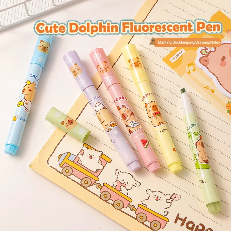 6 Stuks Cartoon Mode Capybara Markeerstift Set Markeerpen Leuke Hand Account Pen Student Briefpapier Kantoorbenodigdheden Geschenken