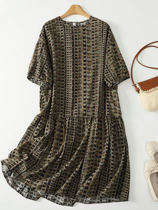 Loose Large Size Cotton Linen Print Dress Women's Mid-Length Sleeve Cover-Up Casual Breathable Comfortable Mid-Aged Mom Dress