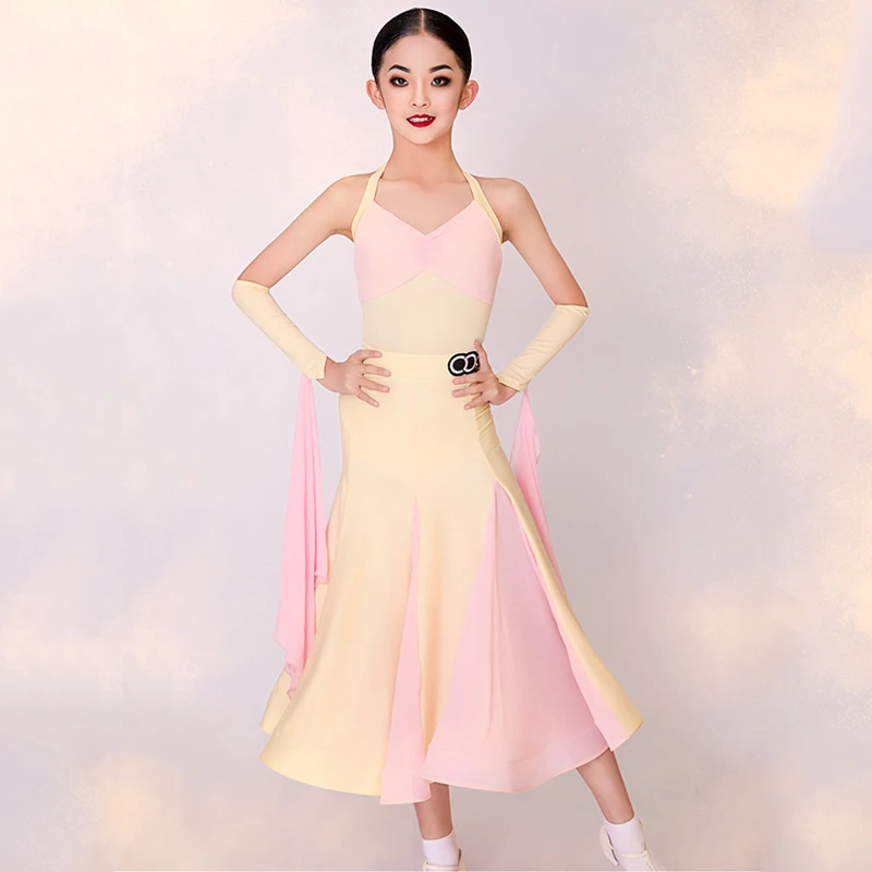 

Girls Ballroom Dance Dress Standard Performance Clothes Yellow Pink Sleeveless Dance Suit Kid Modern Dancing Training Wear 3268