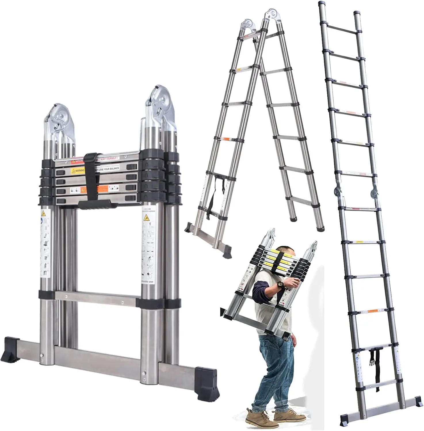 3.8M A-Frame Telescoping Ladder,Dual Purpose Stainless Steel Telescopic Ladder with Support Bar,330lb Load Capacity(1.9M+1.9M)