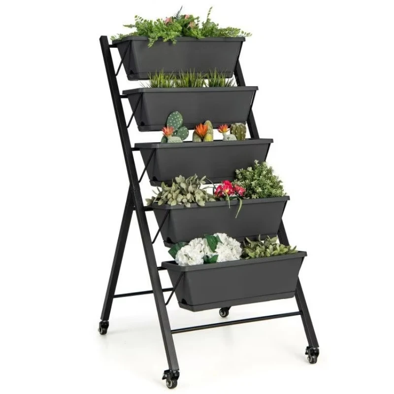 5-Tier vertical garden planting bed with wheels and pots for outdoor use, black steel frame, PP container