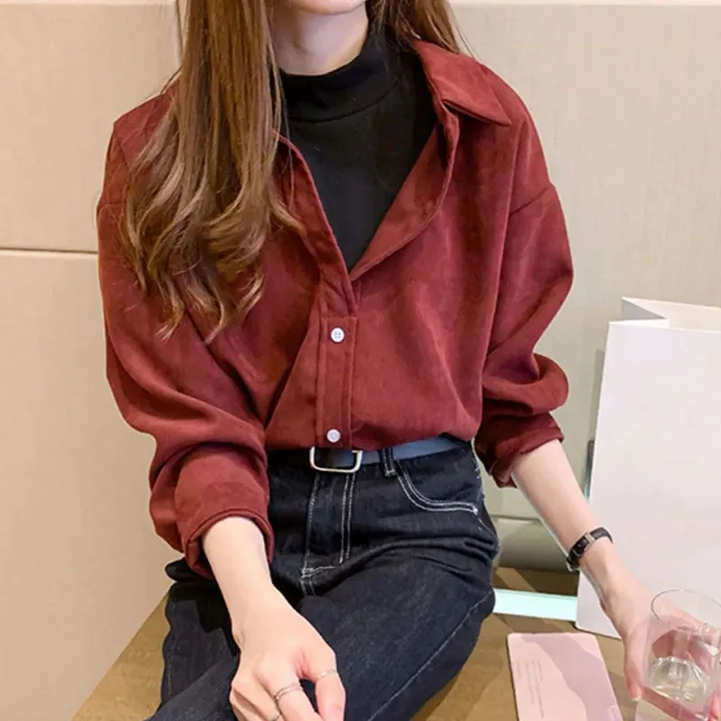 Lucyever Vintage Wine Red Blouses Women Fashion Patchwork Fake Two Piece Corduroy Shirt Korean Chic Turndown Collar Blusas Tops